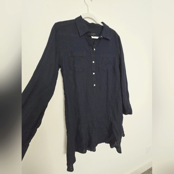 Talbots 100% Linen Navy Button-Up Shirt Dress double pocket flutter hem | Size M - Picture 5 of 5